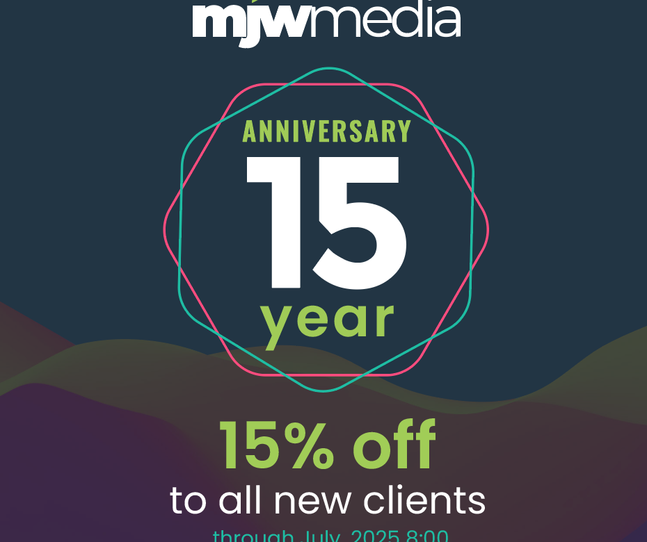 Celebrating 15 years in business: mjw media thanks you with 15% off for new clients!