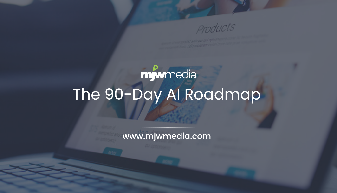 Web design & seo servicing long island businesses for 15+ years 57 90-day ai adoption roadmap for small business from mjw media showing three phases from curious to fully integrated