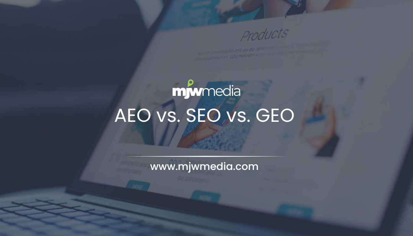 Web design & seo servicing long island businesses for 15+ years 57 Diagram comparing aeo vs seo vs geo for business visibility, from mjw media