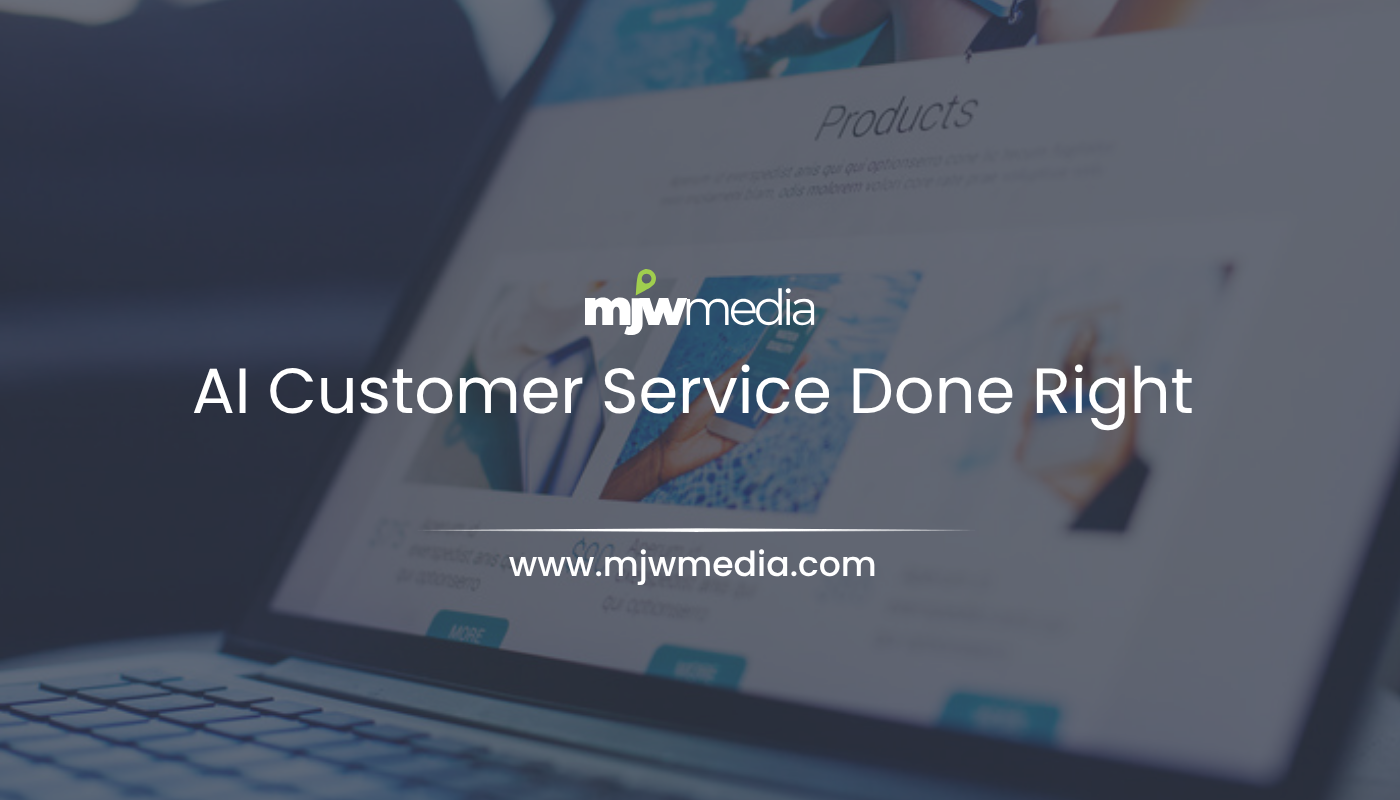 Small business owner using ai customer service tools while helping a customer, illustrating mjw media's empower-not-replace approach